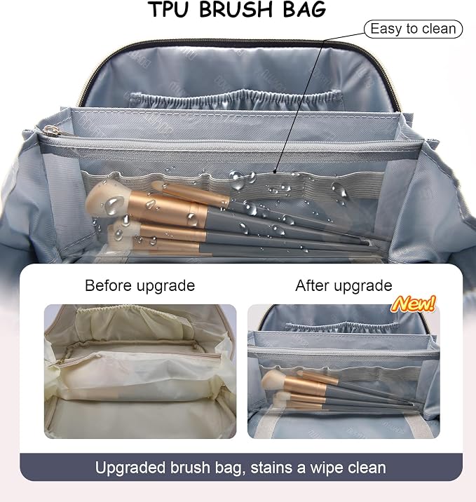 BOYATU Travel Makeup Bags Cosmetic Organizer Bag: 3 Pcs Set Large Capacity Make up Bag with Compartments - Waterproof Leather Toiletry Bags with Handle for Women (B-Blue) - Image 3