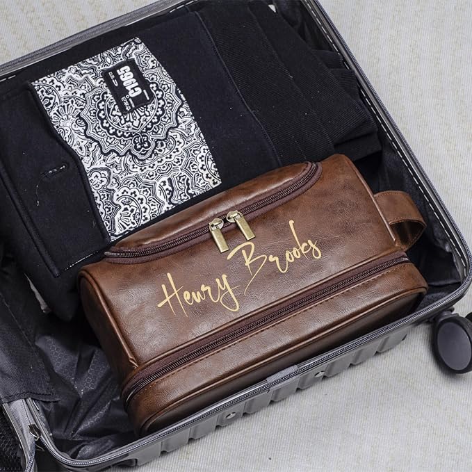 Personalized Leather Toiletry Bag, Brown, Three Layer Structure, Waterproof, Customizable Name Engraving, Travel Organizer for Men, Multi-Occasion Gift (TSN201212) - Image 7