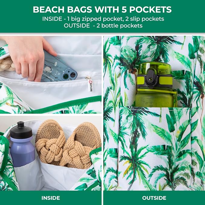 Beach Bag and Pool Bag Has Cooler Pocket, 7 Pockets Total, Zip Top. Family Size Waterproof Beach Tote - Image 7