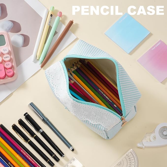 Makeup Bag Travel Toiletry Bag for Women, Small Cosmetic Bags with Lace Trim Cute Green Stripe Aesthetic Organizer Makeup Pouch for Purse Emergency Bag Pencil Case Accessory Bag - Image 6