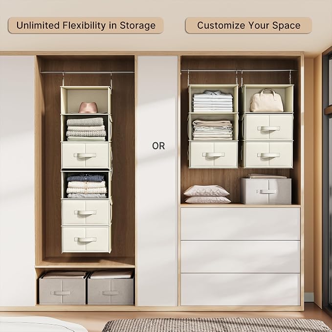 Vailando 6-Shelf Hanging Closet Organizer with 3 Drawers, 2 Separable 3-Shelf Closet Organizers and Storage for Wardrobe Organization, Hanging Dresser for Nursury & Dorm Clothes Organizer, Beige - Image 5