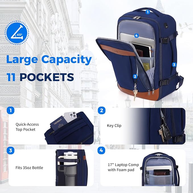 ECOHUB 19" Travel Backpack for Men Women 30L Large Carry-On Backpack with 17.3 In Laptop Compartment,Blue - Image 6