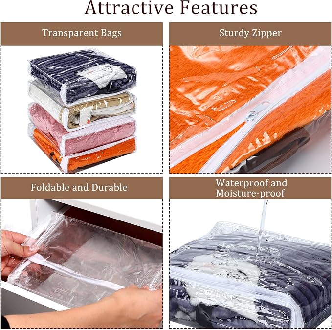 Kingdder 16 Pcs Clear Zippered Storage Bags Plastic Sweater Bags with Zipper 10 x 10 x 2.5 Inch Vinyl Sheet Organizer and Storage for Clothing Blankets Sheet Linen Bed Pillow Cube Organizer - Image 4