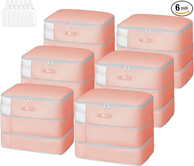 Comforter Storage Bag - Large Capacity Blanket Storage Bags 3-Layer Ultra Space Saving Self Compression Organizer, Washable Compression Bags for Storage Comforter Blanket, 6-Pack, Pink by EasortmPackingCubes