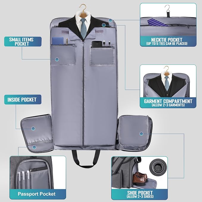 HILOMON Convertible Duffle Bags for Travel Carry On Suit Duffle Bags with Shoulder Strap 2 in 1 Hanging Garment Duffle Bag for Men Women (Gray Mesh Storage) - Image 3