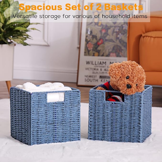 Vagusicc Wicker Storage Basket, Set of 2 Hand-Woven Storage Baskets for Shelves with Handles, Foldable Cube Storage Baskets Bins 11 Inch Large Wicker Baskets for Pantry Decor, Blue(11''x11''x11'') - Image 6