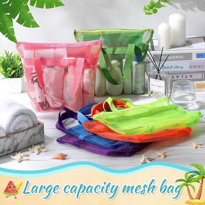 6 Pcs Mesh Beach Bags Bulk Portable Mesh Shower Caddy Bags with Zipper & 2 Pockets Hanging Toiletry and Bath Organizer for Beach Gym Camp Swimming Travel College Dorms (Fluorescent Color) - Image 4