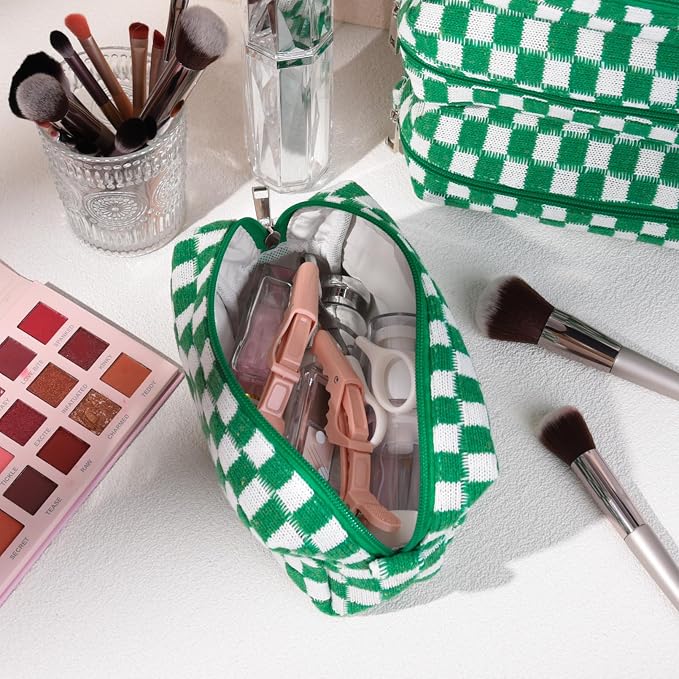 SOIDRAM 2 Pack Checkered Makeup Bag for Women, Cute Makeup Pouch Small Makeup Bag Travel Cosmetic Organizer for Toiletries, Brushes & Skincare - Image 2