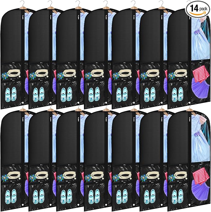 Geelin 14 Pcs Garment Bags for Dance Costumes PVC Clear with Zippers 20 x 40 Inch Garment Bag with Pockets Dance Costume Organizer Carrier for Storage Cover for Adult(Black) by Geelin
