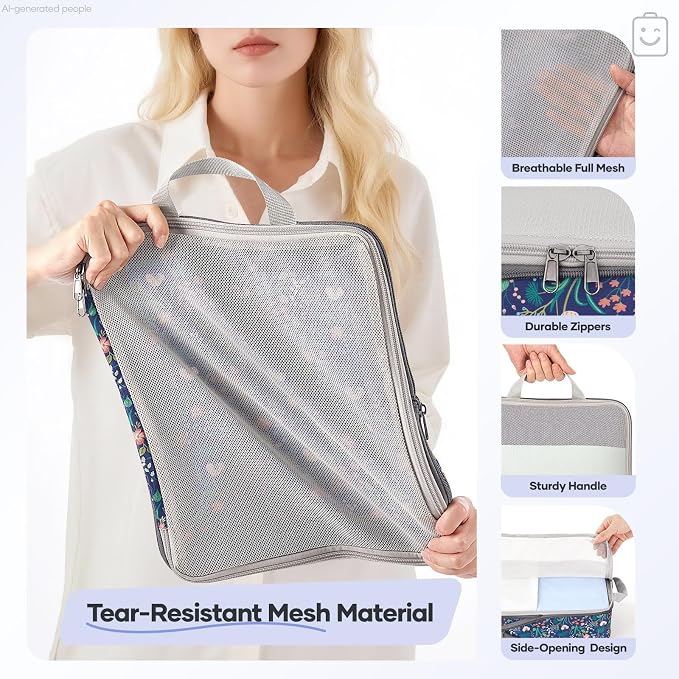 Veken 11 Set Compression Packing Cubes Garment Bags for Travel Essentials,Compressible Expandable Luggage Organizer Bags,Space Saver Bags with Over 1000 pcs of Mesh Holes(Dark Blue Floral) - Image 5