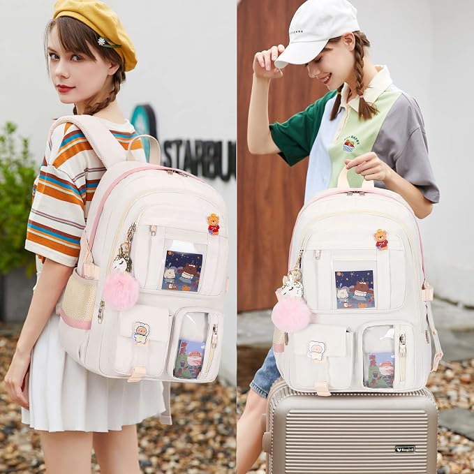 LXYGD Laptop Backpacks 16 Inch School Bag College Backpack 3 PCS with Lunch Box Pencil Pouch Set Large Travel Daypack Kawaii Bookbags for Teens Girls Women Students (Off-white) - Image 7
