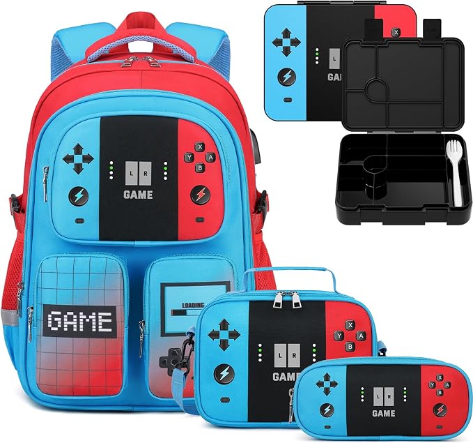 Jafeton School Backpack for Boys, 4 PCS Gamer Boy Backpack Set with Bento Box, Lunch Box & Pencil Pouch, Waterproof Schoolbag for Boys Kids Teens, Elementary Middle School, Kid Bookbag Casual Daypack by Jafeton