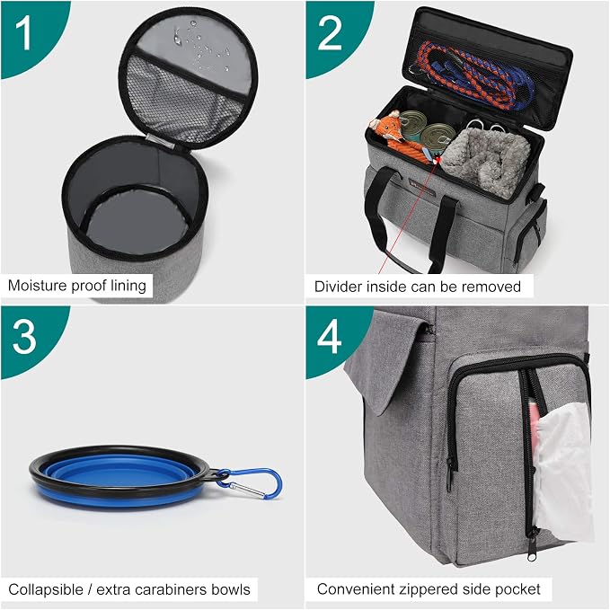 Modoker Dog Travel Bag with 2 Food Bags, 2 Bowls and 1 Mat (Grey) | Roomy Main Compartment | Multiple Functional Pockets | Water-Resistant Oxford Fabric | PVC Backing | Leak-Resistant Lining - Image 3