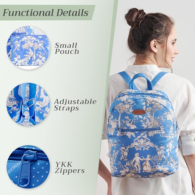 Maison d' Hermine Backpack for Women Men Cotton Shoulder Multipurpose Rucksack with Small Pouch Lightweight Multi Pocket Bag for Travel Work Beach Perfect for Spring Summer (Joli Jouy - Blue) - Image 4
