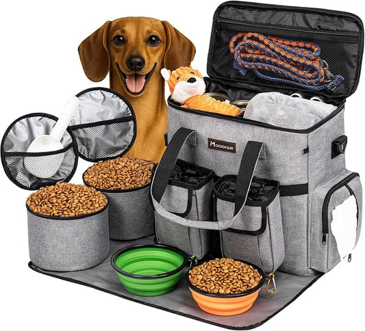 Dog Travel Bag, Airline Approved Pet Travel Bag with 2 Dog Treat Training Pouches for Weekend Pet Travel Supplies & Accessories, Light Grey | Dog travel accessories set with feeding supplies, bowls, mat, and strap. Ideal for weekend trips. by Modoker