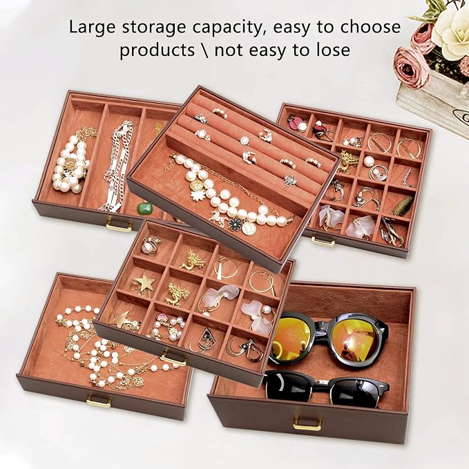 AKOZLIN 6-Tier Jewelry Box Organizer Functional 5 Drawers Leather Jewelry Storage Case for Women Girls Ring Necklace Earring Bracelet Holder Organizer with Mirror Extra Large Brown - Image 5