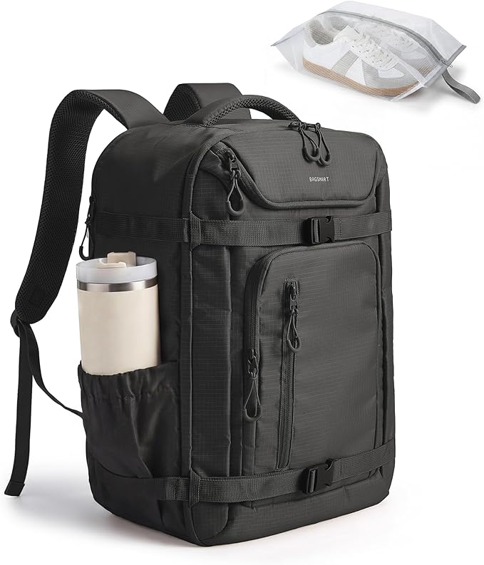 BAGSMART 35L Travel Backpack for Women & Men Fits 17-Inch Laptop, Airline Approved Carry On Backpack with Wet Pocket & Shoe Pouch, Water-Resistant Personal Item Travel Bag, Black by BAGSMART
