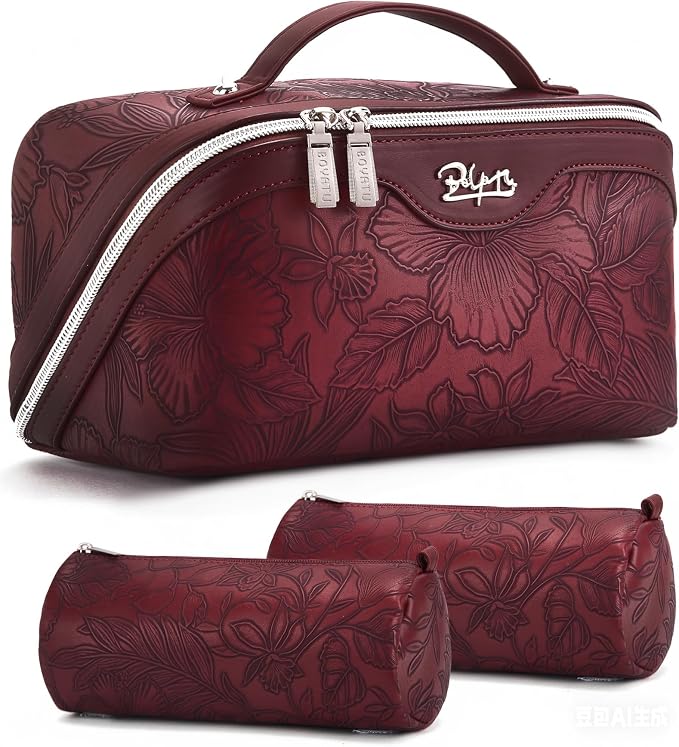 BOYATU Travel Makeup Bags Cosmetic Organizer Bag: 3-Set Large Capacity Make up Bag - PU Leather Toiletry Bags for Women - Wide Open Portable Pouch with Divider & Handle (02-Dark Red) by BOYATU
