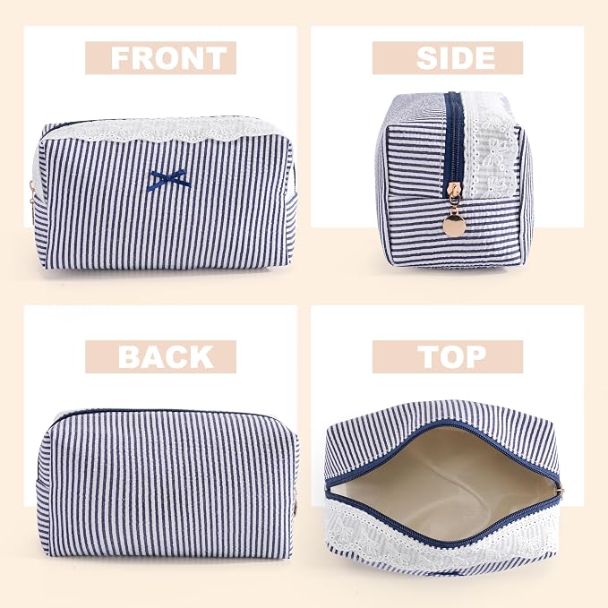 Makeup Bag Travel Toiletry Bag for Women, Small Cosmetic Bags with Lace Trim Cute Navy Stripe Aesthetic Organizer Makeup Pouch for Purse Emergency Bag Pencil Case Accessory Bag - Image 3