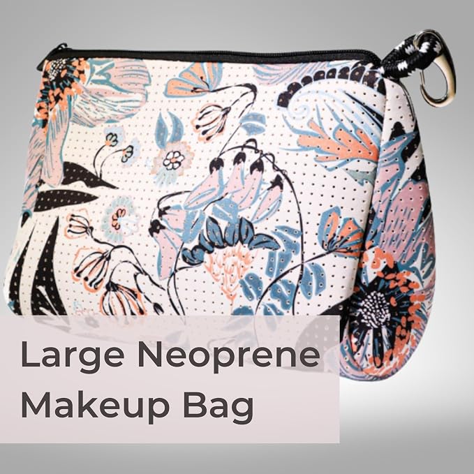 POPUPS Brand Large Makeup Bag with Zipper - Neoprene Machine Washable Travel Toiletry Cosmetic Organizer Pouch for Women (Print Blossom White) - Image 2