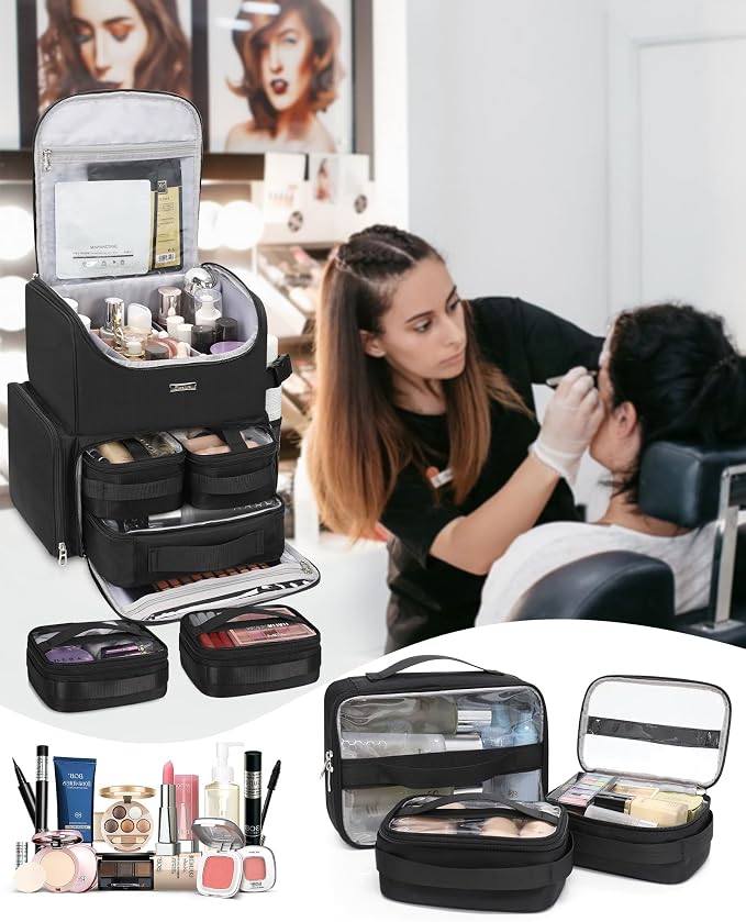 Relavel Makeup Backpack Large Bag with 5 Clear Set Bags, Dual Layer Professional Cosmetic Organizer Travel Train Case Makeup Artist Kit with Adjustable Dividers & Easy to Clean Lining, Black - Image 2