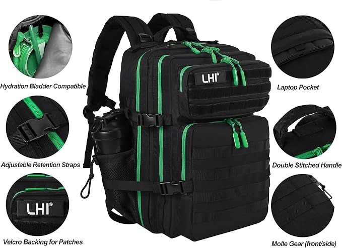 LHI Military Tactical Backpack for Men and Women 45L Army 3 Days Assault Pack Bag Large Rucksack with Molle System - Black with green zipper - Image 5