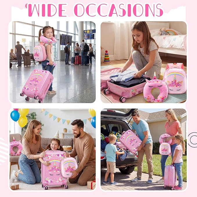 Sanwuta 4 Pcs Kids Luggage Set Back to School Gifts for Girls Boys Carry On Rolling Suitcase Backpack Neck Pillow Travel Set(18 Inch,Unicorn Rainbow Style,Pink) - Image 7