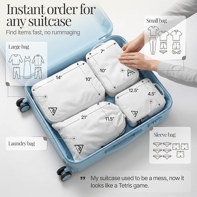 Well Traveled 4 pcs Compression Packing Bags Cubes Set with HybridMax Double-Capacity Design - Packing Cubes for Travel Compression to Maximize Limited Luggage Space, White - Image 3