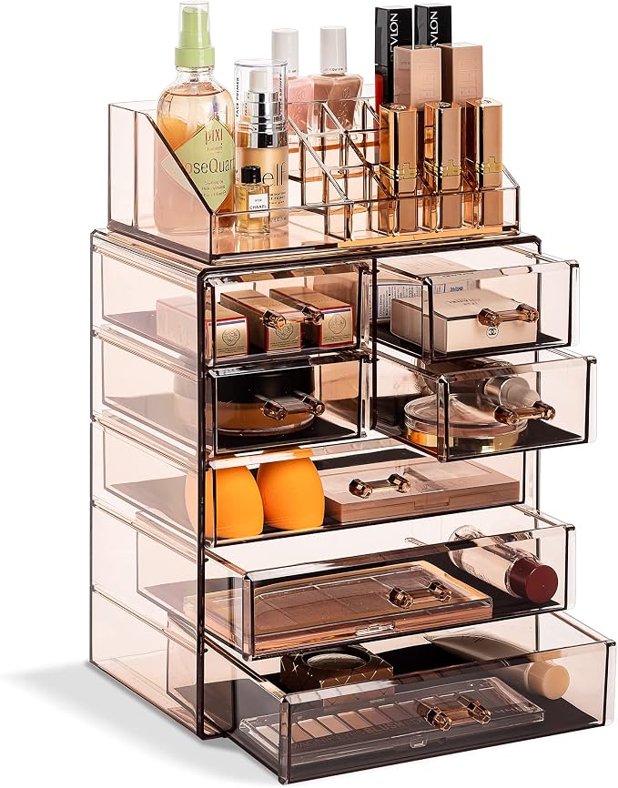 Sorbus Acrylic Makeup Organizer Set, 7-Drawer Vanity & Countertop Cosmetic Storage with Small & Wide Compartments, Bronze Glow Makeup Storage for Brushes, Jewelry – Holiday Gift for Women & Teens by Sorbus