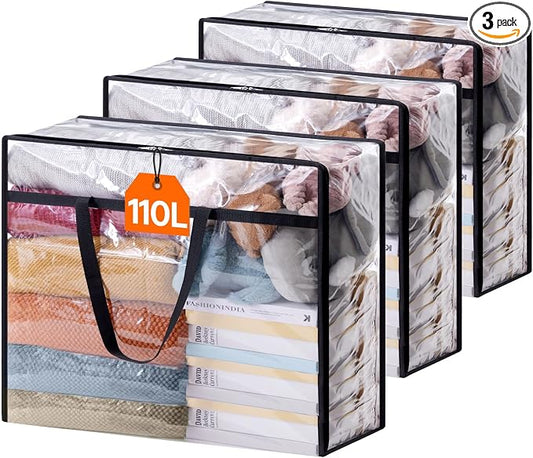 Lifewit 3 Pack Clear Clothes Storage Bags, 110L Plastic Blanket Storage Bag, Vinyl Foldable Moving Bags with Zipper, Closet Organizers and Storage Containers for Bedding, Duvet, Comforter by Lifewit