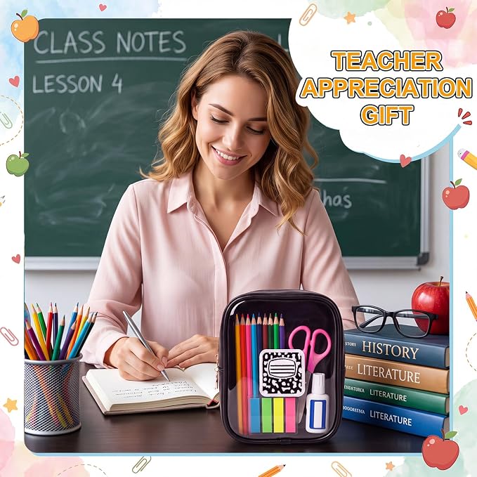 12 Pack Back to School Clear Makeup Bag, PVC Cosmetic Pouch with Composition Notebook Embroidery, Teacher Appreciation Gift, Small Waterproof Leather Travel Bag for Women, Black - Image 5