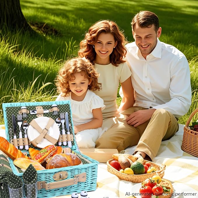 YPshuye Picnic Basket Set for 4 with Waterproof Blanket Mat Insulation Bag Wicker Blue Green Light Hawaiian Tropical Style Gift for Wedding Birthday Summer Camp Outdoor Camping Beach Travel Christmas - Image 8