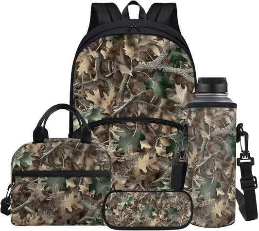 Classic Oak Camouflage Print Backpack for Boys with Lunch Box Cooler Water Bottle Sleeve Cover Small Portable Pencil Pen Case Back to School Supplies by Glomenade
