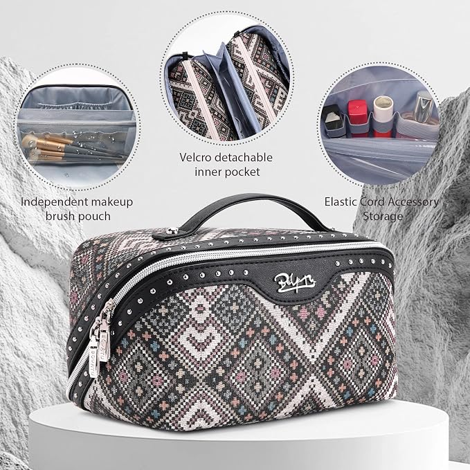 BOYATU Travel Makeup Bags for Women: Western Studded Boho Large Capacity Cosmetic Organizer - Wild, free, Punk Style - 3Pc Waterproof Toiletry Set with Blush Compartment - No Chaos & Easy Clean Black - Image 2