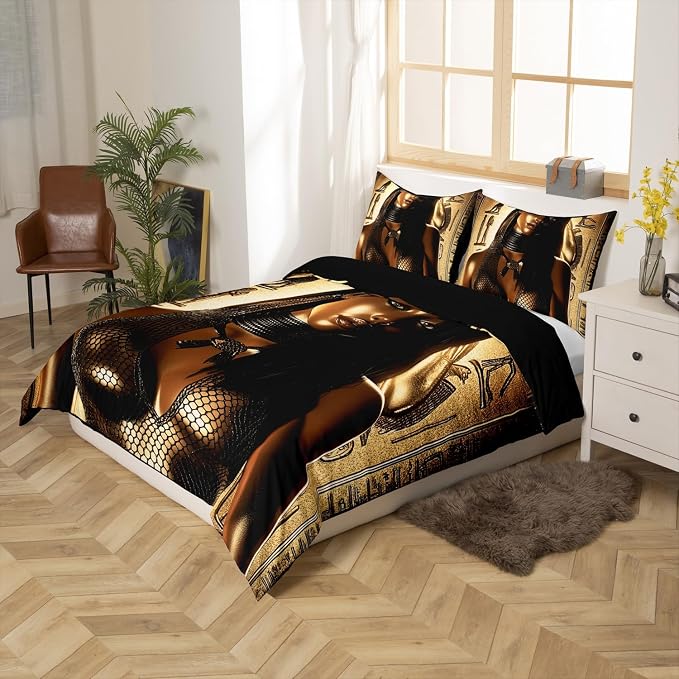 Erosebridal Cleopatra Bedding Queen Size Ancient Egyptian Pattern Decor Bedding Duvet Cover Mummy Decor Exotic Tribe Style Soft Breathable Microfiber Comforter Cover for Adult Teens Kids Quilt Cover - Image 2