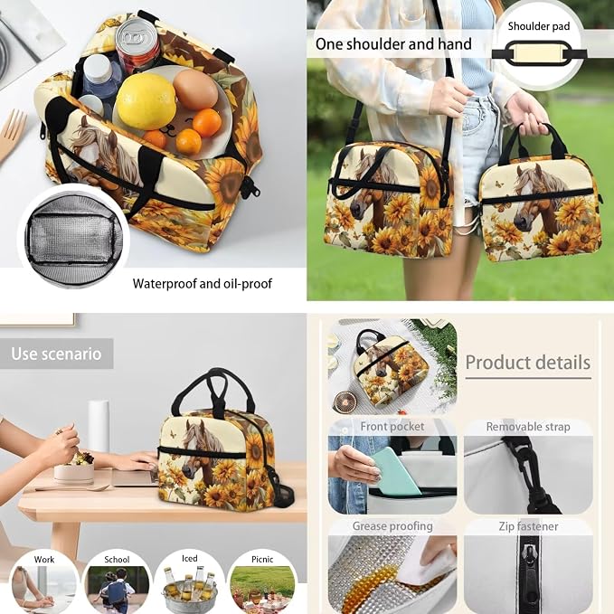 Sunflower Horse Backpack Kids Backpack 4 Pcs with Lunch Box Pencil Bag Bottle Carrier Bag Sling Bags for Boy Girl Middle School Primary Student Bookbag Casual Daypack - Image 5