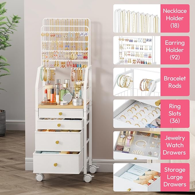 SWTYMIKI Jewelry Organizers and Storage- Multifunctional Stand Jewelry Organizer Cabinet for Necklace, Earring, Ring & Bracelet - Jewelry Box Necklace Holder with 4 Nonwoven Drawers & Wheel White - Image 2