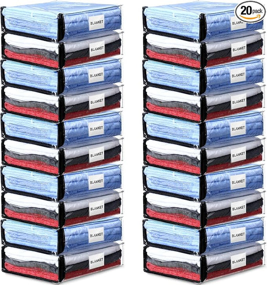 Kenning 20 Pcs Clear Zippered Storage Bags for Sheet Plastic Sweater Bag with Handle and Label Pocket Vinyl Stackable Closet Organizer Moving Bag for Bed Blanket Clothes Pillow(Black,11 x 15 x 4 Inch) by Kenning
