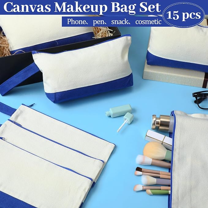 Silkfly 15 Pcs Cotton Canvas Makeup Bags Cosmetic Zipper Bags 10.2 x 5.5 x 2'' Blank DIY Pouch Bulk Pencil Case with Bottom Travel Toiletry Pouch for Women Craft Decor Gift (Beige and Blue) - Image 5