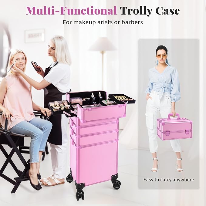 Rolling Makeup Train Case with Lid Cosmetology Case on Wheels | 5 in 1 Large Cosmetic Trolley Organizer Travel for Hairstylist Artist Nail Beauty Salon Barber Cart Trunk, Pink - Image 7