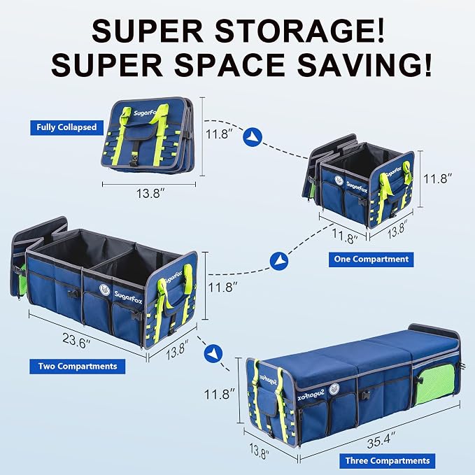 SugarFox Bold Color Block Trunk Organizer | 95L, 35"x13.8"x11.8" | Dedicated Shoe Storage & 26L Ice Pack | Foldable for SUV/Car/Jeep | Car Accessories for Men & Women - Blue-X212 - Image 4