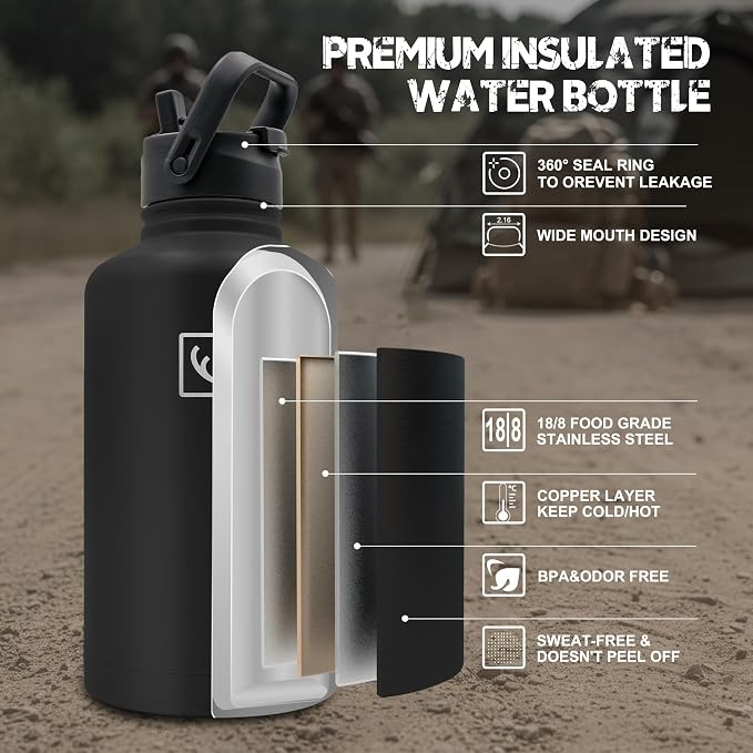 NATURE PIONEOR 64 oz Tactical Water Bottle with MOLLE Bottle Pouch & 3 Lids | 18/8 Food-grade Stainless Steel, Double Vacuum Insulation, 3 Leak-proof Lids, Handle, Strap, Camping, Hiking, Gym, Work - Image 3