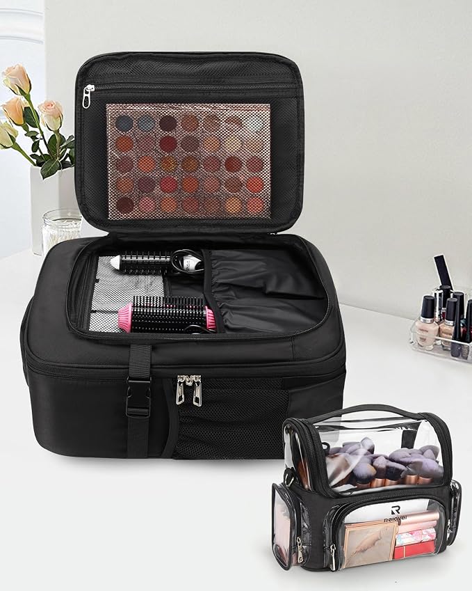 Relavel Professional Makeup Case Makeup Backpack and Clear Makeup Brush Case for Makeup Artists, Durable Water-resistant Material, with Shoulder Strap and Adjustable Dividers Black - Image 2