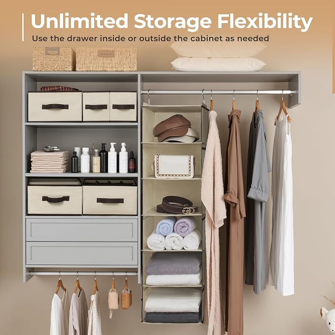 GRANNY SAYS Hanging Closet Organizers and Storage 6 Shelves, Closet Hanging Organizer with 5 Drawers, 6 Side Pockets Hanging Storage Organizer, Portable Clothes Organizer for Closet, Beige - Image 4