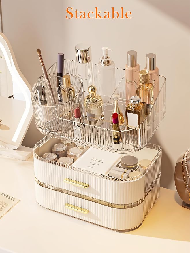 360° Rotating Makeup Organizer with Drawer, Clear Acrylic Cosmetic Storage Display, Stackable Beauty Counter (Clear, Large (Tray + 1 Drawer)) - Image 7