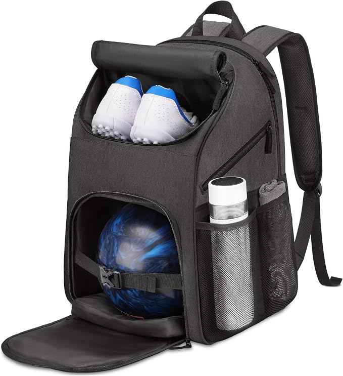 Bosynoy Bowling Backpack, Single Bowling Ball Bag with Shoe Compartment | Bowling Bag Totes with Foam Padded Protection, Fits Shoes Up to US Mens Size 16 and Accessories, Grey by Bosynoy