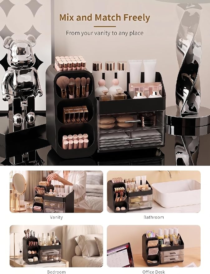 Booklov Makeup Organizer for Vanity, Large Capacity Cosmetic Display Case with Drawers, Countertop Beauty Storage Holder for Skincare, Brush Eyeliner Perfume Eyeshadow Lipsticks, Counter Desk, Black - Image 8