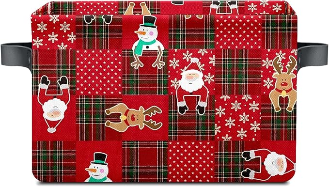 Christmas Baskets,Christmas Red Grid Elk Snowman Foldable Storage Bins with Handles, Decorative Cloth Organizer Storage Boxes 2 2piece by Unknown