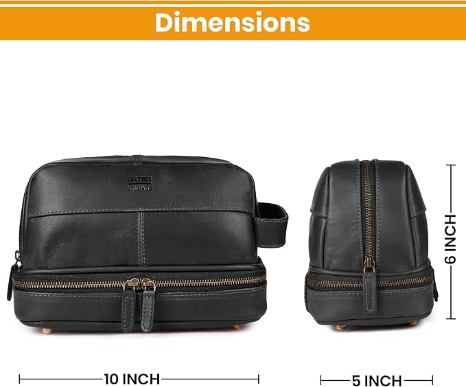LEATHER VILLAGE Genuine Leather Dopp Kit - Travel Bag with Waterproof Lining, Large Capacity Toiletry Bag, Dual-Zip Design for Men & Women, Shaving & Bathroom Essentials Organizer - Black - Image 5