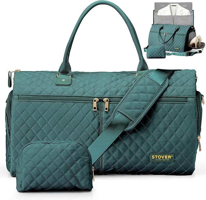 STOVER Women’s Convertible Garment Duffel Bag for Travel – 2-in-1 Carry-On Weekender/Overnight Tote - Wrinkle-Free Dresses, Suits & Clothes + Shoe Compartment & Bonus Toiletry Bag (Emerald Green) by STOVER